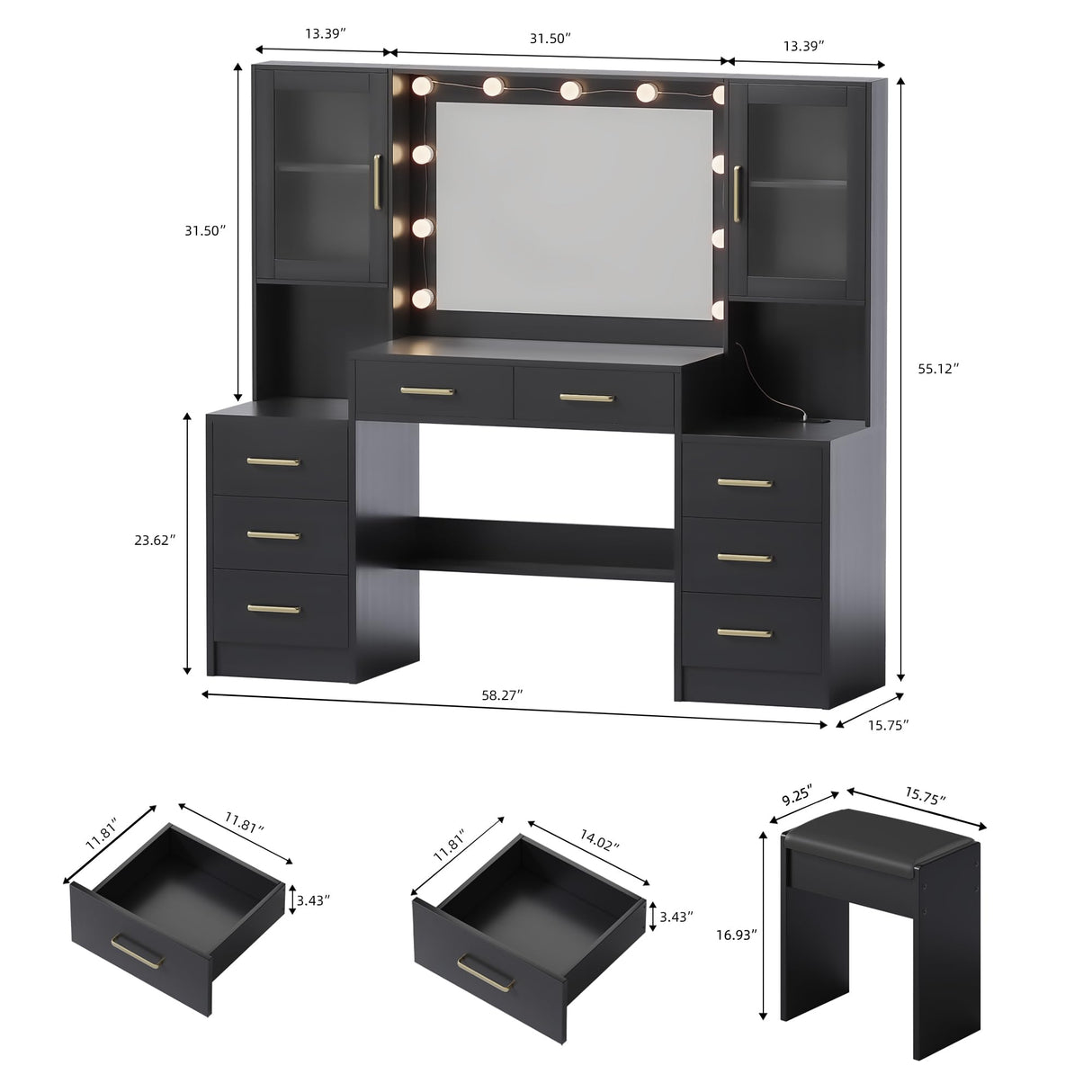 Makeup Vanity Desk with Mirror & Lights, 58.3" Makeup Vanity with Lights & Charging Station, Dressing Table Vanity Set for Bedroom, White Vanity Table with Cushioned Stool, 8 Drawers & 2 Cabinet Black TOKSOM