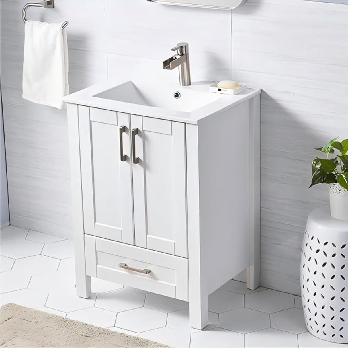 24 Inch Bathroom Vanity, Small Bathroom Sink Cabinet, Vanity Cabinet with Rectangular Ceramic Basin, White Modern Farmhouse Bathroom Sink Vanities Set, Bathroom Vanity Combo with 1 Drawer and 2 Doors Wenore Home