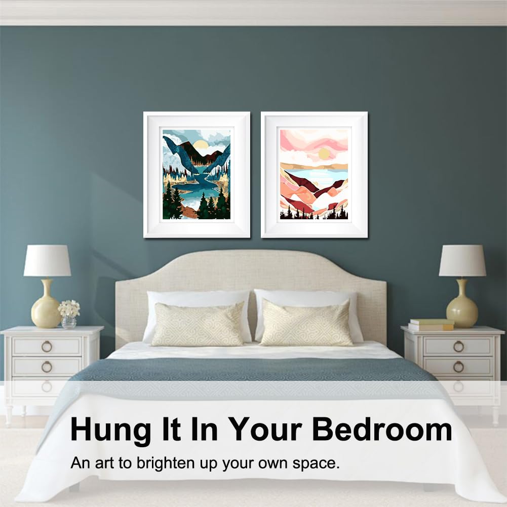 BAISITE Paint by Numbers Kit for Adults Beginners,12" Wx16 L 2 Pack Canvas for Painting Kits for Adults in Colorful Box-Sunset Lake Mountains1112 BAISITE