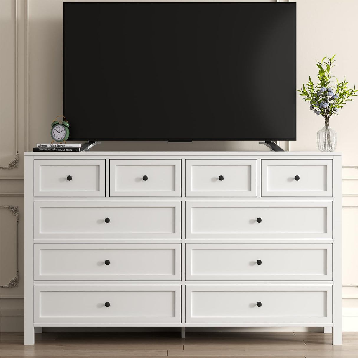 Farmhouse 10 Drawers Dresser for Bedroom, White Dresser Chest of Drawers, Wood Storage Dressers with Deep Drawers and Metal Handle, Wide Modern Dressers & TV Stand for Living Room, Closet, Hallway Gyfimoie