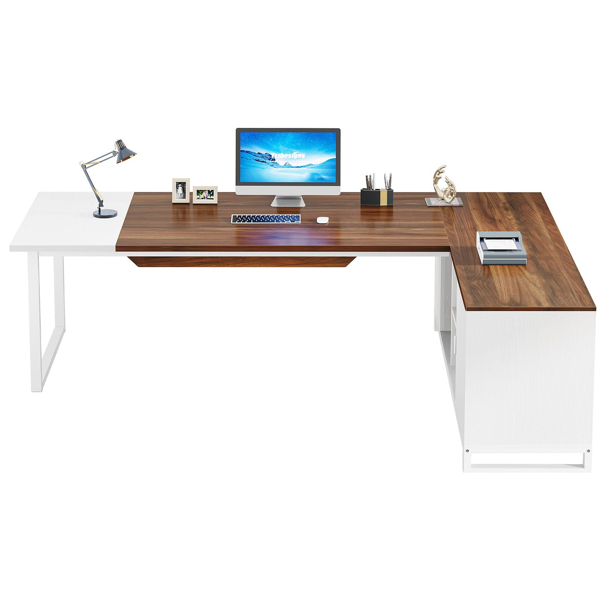Tribesigns 70.8-Inch Executive Desk with 55-Inch File Cabinet, Large L Shaped Computer Desk with Storage Cabinet and Shelves, Modern L-Shaped Desk for Home Office, Walnut & White Tribesigns