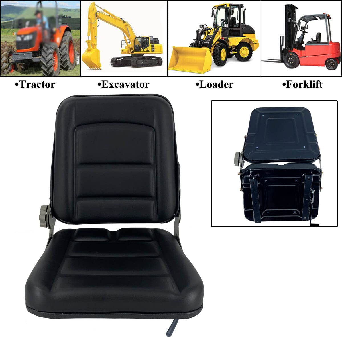 TABODD Universal Forklift Seat for Garden Lawn Mower, Komatsu Style Folding Seat Suspension Seat with Adjustable Backrest Slidable Track for Mini Digger Forklift Excavator & Skid Loader, Black TABODD