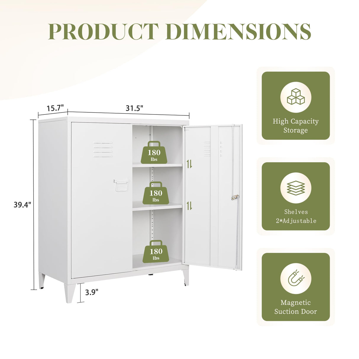 RAVIGIN Metal Storage Cabinet with Locking Feature, 2 Adjustable Shelves, 40" Small Cabinet for Home Office, School, Kitchen, Garage, Gym (White) RAVIGIN