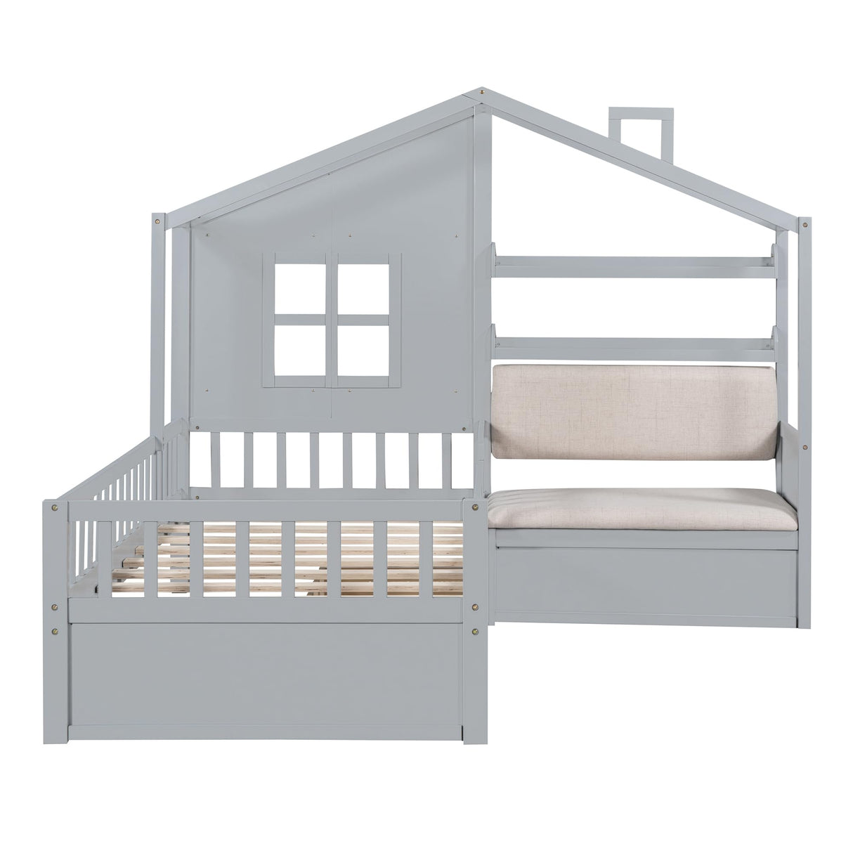 Kids Twin House Bed Frame with Upholstered Sofa and Storage Drawers in Grey Bellemave