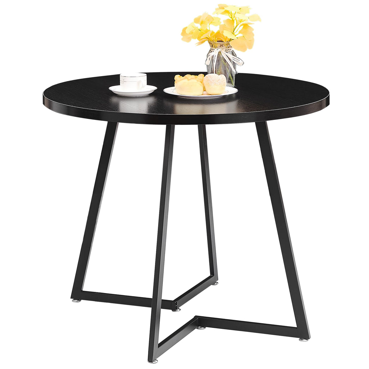 VECELO Round Dining Room Table with Wood Grain Tabletop and Steel Frame, for Kitchen, Living Room, Office, Conference, 2 to 4 Person, Wood-Grain Black VECELO