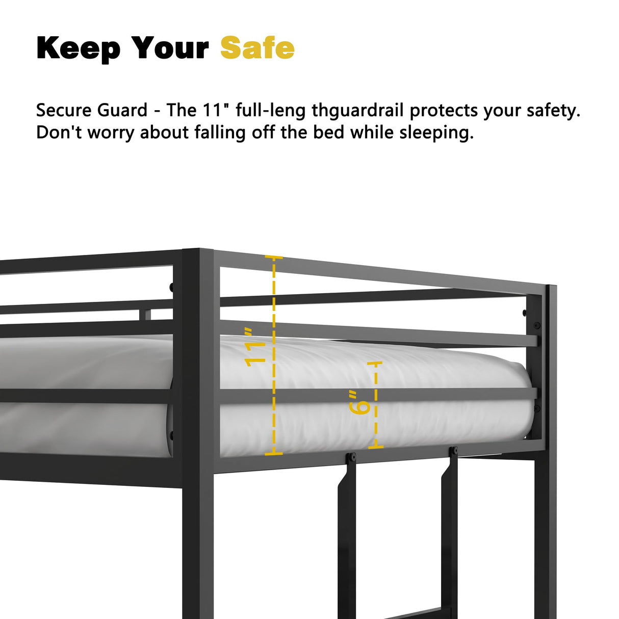 HXERY Bunk Bed Twin Over Twin, 54" Inch Metal Floor Bunk Bed with 11" Guardrails and Convertible Side Ladder. Black HXERY