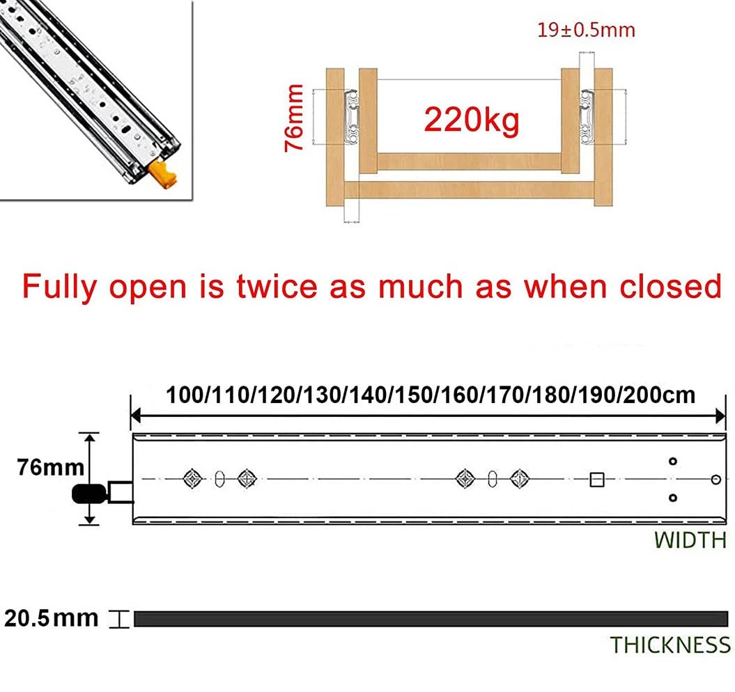 2pcs Heavy Duty Locking Drawer Slide, Steel Metal Full Extension Drawer Slides Side Mount 40" 48" 56" 64" 72" 80", 400 Lb Load Capacity, for Retrofitting Motorhomes/Roll Out Shelves (Size : 64in(160c Generic