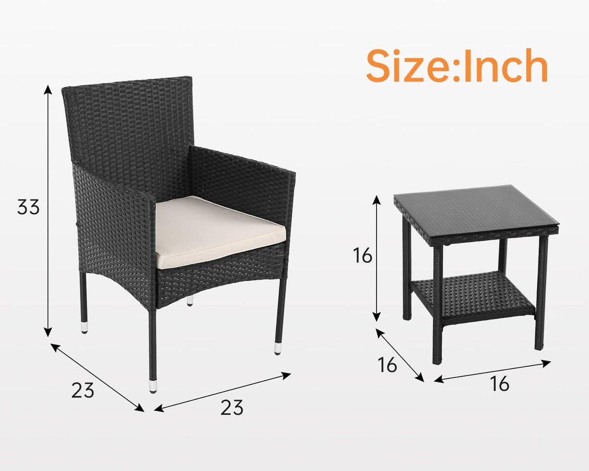 Ruesleag Patio Furniture 3 Pieces Outdoor Wicker Patio Furniture Conversation Set Patio Set Bistro Table Set for Backyard Porch Poolside Garden Balcony Lawn,Glass Coffee Table &RattanChairs Set,Black Ruesleag