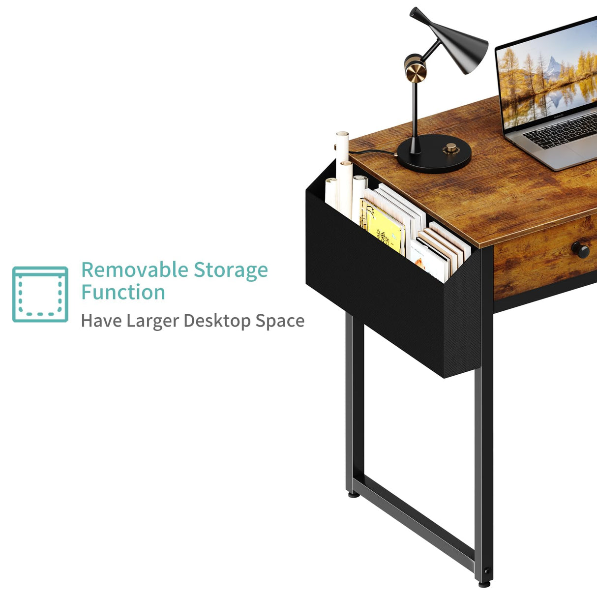 Lufeiya 40 Inch Desk with Drawers for Bedroom - 39 Inch Home Office Desks with 3 Fabric Storage Drawer and Pocket, Study Writing Table Rustic Computer Desk, Vintage Brown Lufeiya