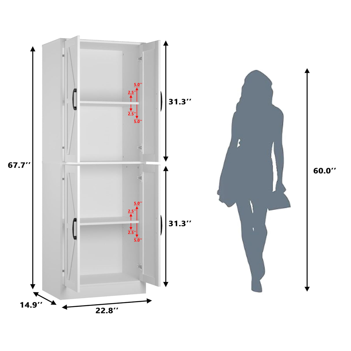 IANUE Farmhouse Storage Cabinet - Pantry with 4 Doors, Tall Kitchen Pantry with Adjustable Shelves, Organizer, White Storage Cabinet for Kitchen Dining Room Bathroom IANUE