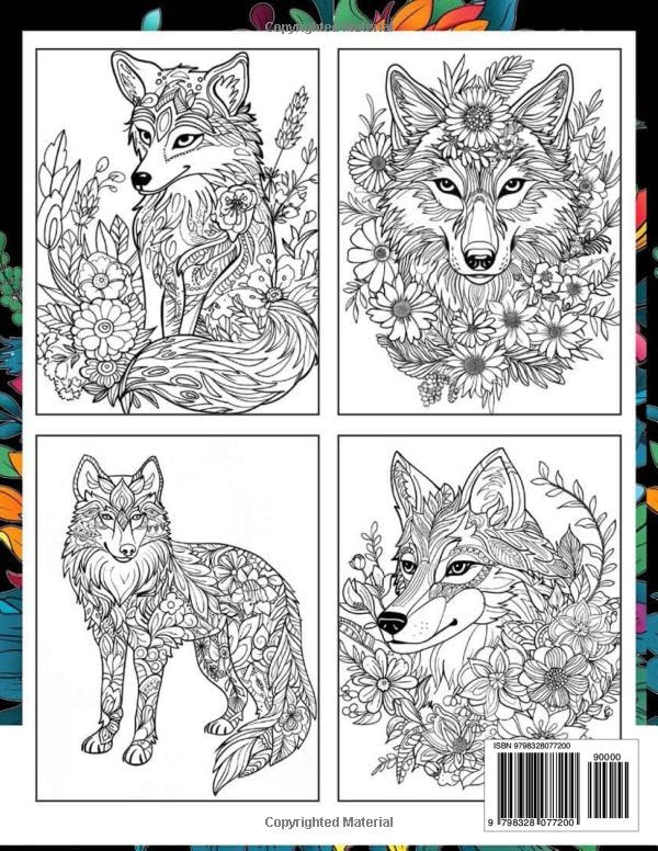 Floral Wolf Coloring Book: 48 Wolfs Among Flowers Illustrations For Stress Relief Majosta