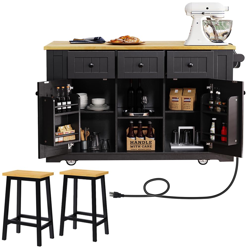 Kennkari Rolling Kitchen Island on Wheels with Drop Leaf and Seating, Wide Moblie Kitchen Island with Storage Cabinets and Power Outlet, Large Island Table with 2 Bar Stools (Type V. Black) Kennkari