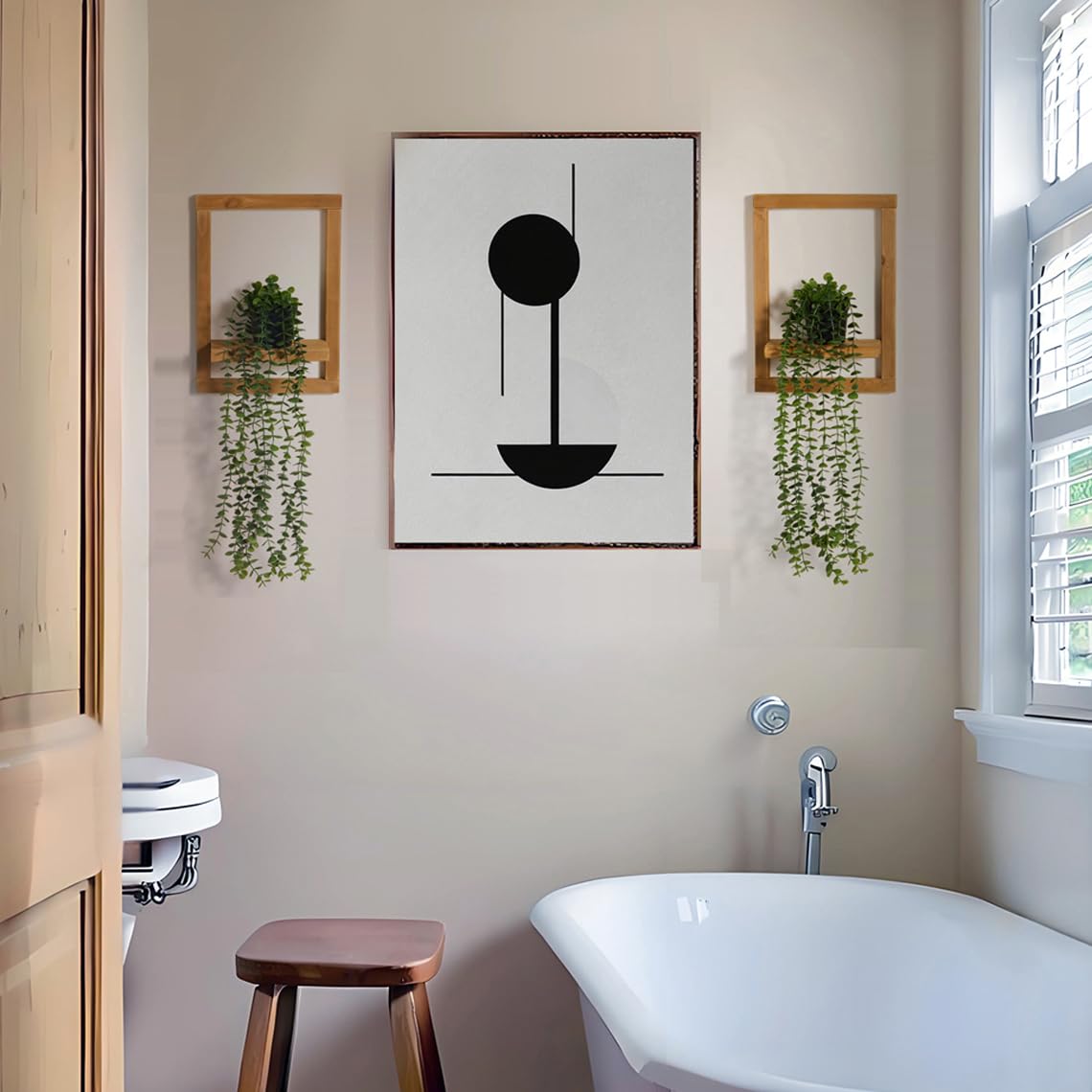 Mokof 2 Pack Wooden Shelves with Fake Hanging Plants for Wall Decor, Modern Farmhouse Wood Wall Art for Living Room, Bathroom (Light Brown) Mokof