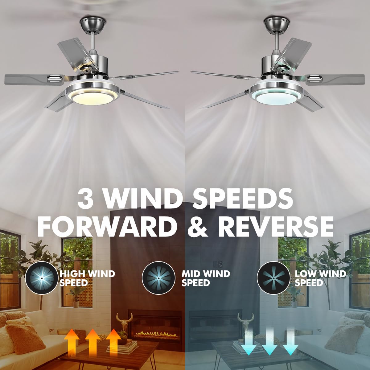 Fandian 48" Modern Ceiling Fans with Lights Remote Control Reversible Fan, Stainless Steel Blades, 3 speeds and 3 Color Changes Lighting Fixture with LED Board for Bedroom Living Room Fandian