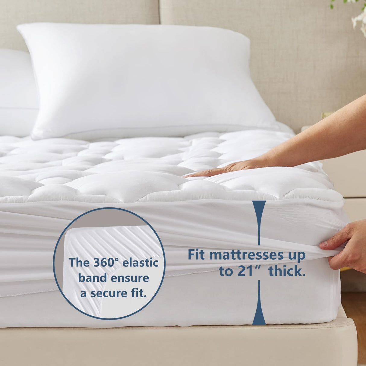 CozyLux Queen Mattress Pad Cotton Cooling Mattress Cover Quilted Fitted Mattress Protector Non Slip Breathable Soft Mattress Topper Up to 21" Deep Pocket Thick Pillowtop 450GSM (60x80) inches White CozyLux
