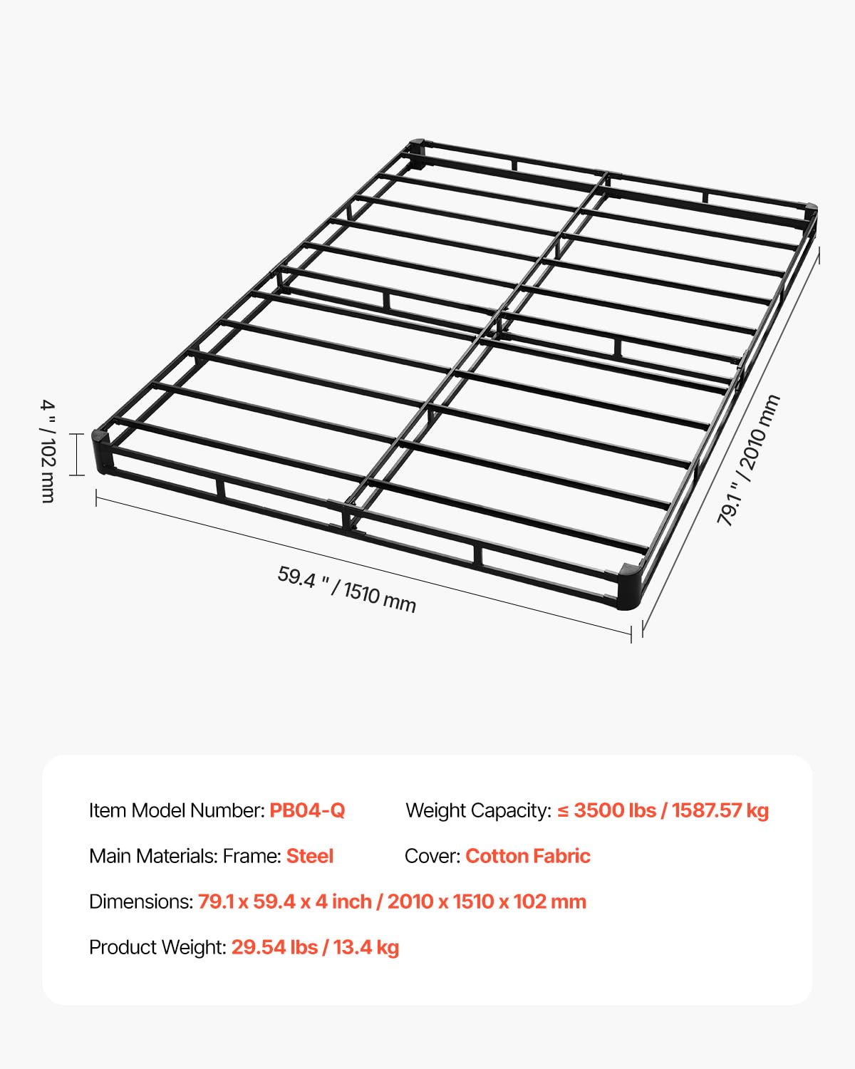VEVOR Box Spring, Queen Size Bed Frame with Washable Fabric Cloth, Heavy Duty Metal Frame for Queen Bed, 4 in Mattress Foundation, 3500 lbs Max Weight Capacity, Easy Assembly, 79.1 L x 59.4 W x 4 H in VEVOR