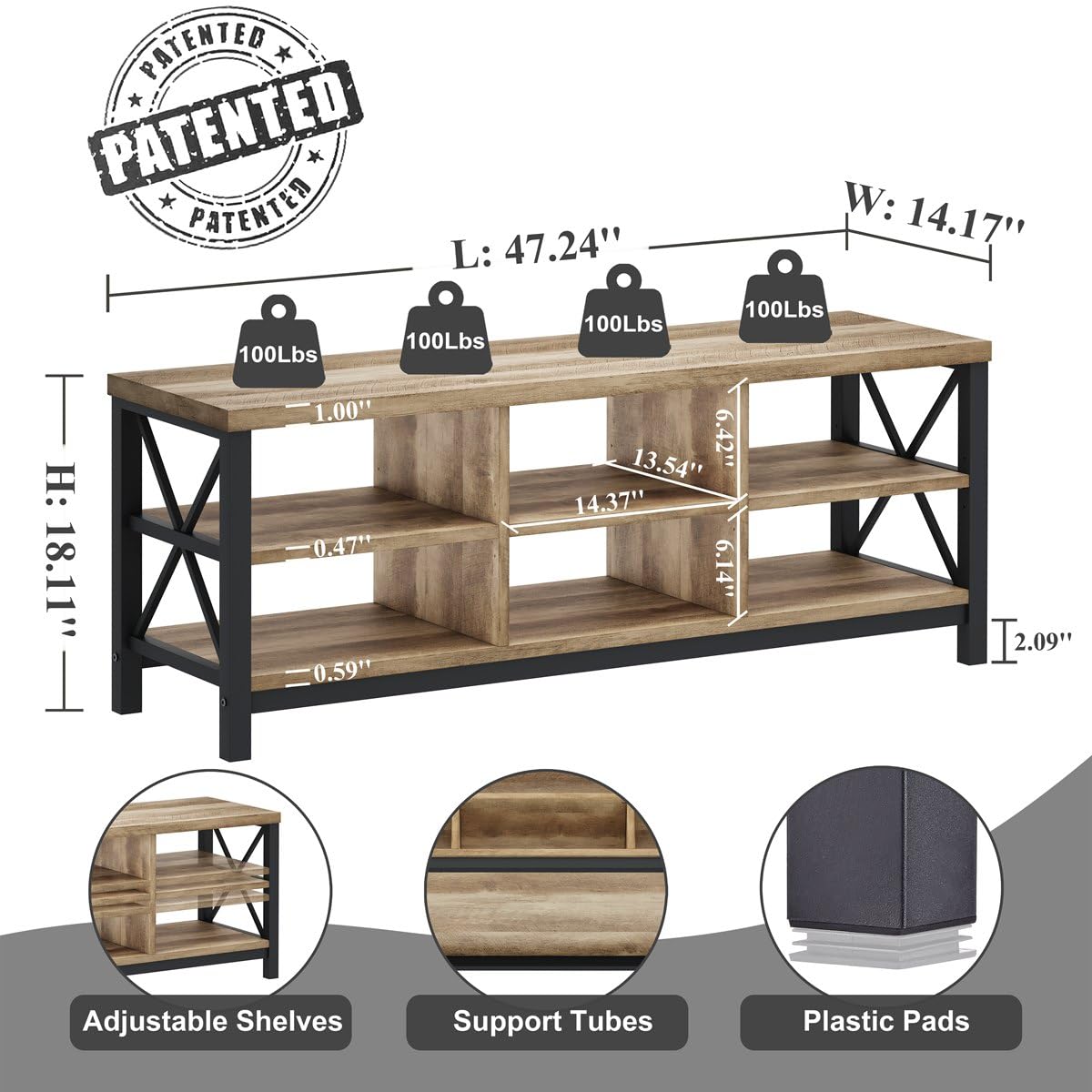 FATORRI Shoe Bench Entryway with Storage, Industrial Wood and Metal Hallway Benches with Adjustable Shelves, Rustic Entry Way Bench for Living Room (47.24 Inch Long, Rustic Oak) FATORRI