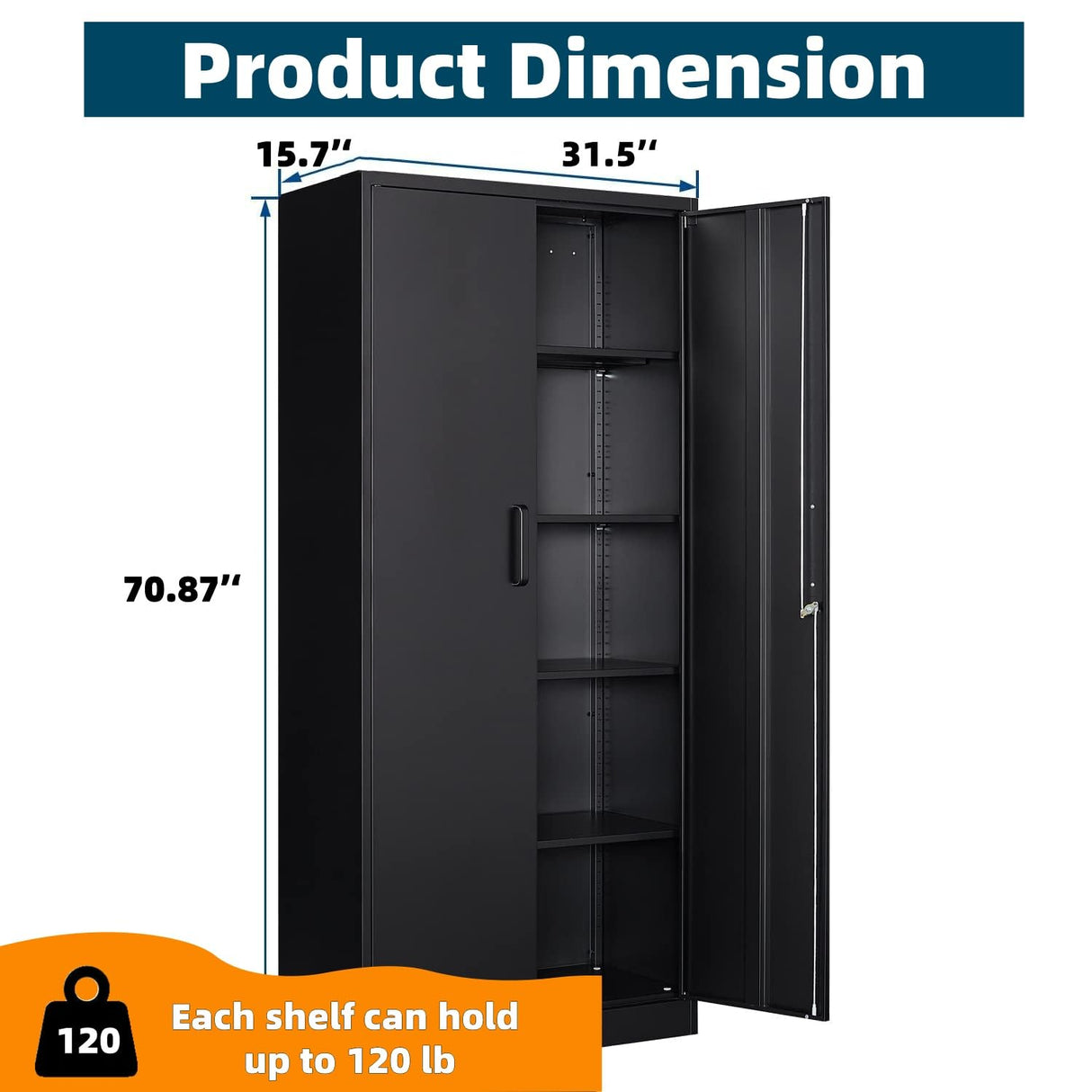 Oasecrilio Metal Storage Cabinet with 5 Adjustable Shelves, Garage Storage Cabinet with Lock, Kitchen Pantry Storage Cabinet, File Storage Cabinet, Filing Cabinets for Home Office, 71'H, Black Oasecrilio