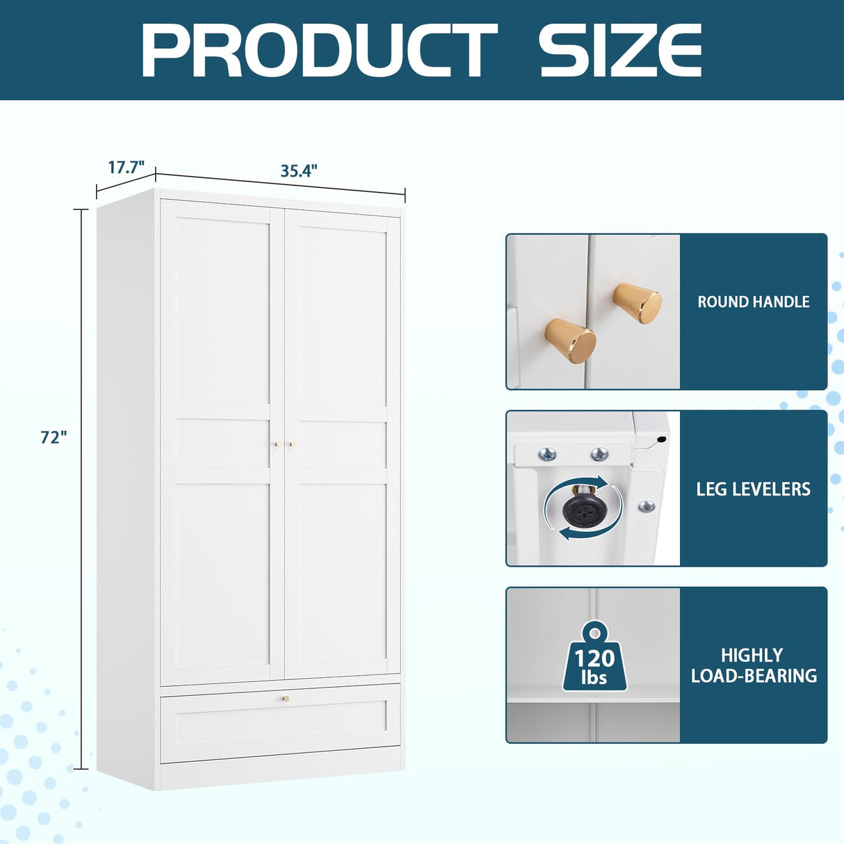 MIIIKO Wardrobe Closet with Drawer, 2 Doors Clothes Cabinet, 72" Metal Storage Cabinets with Hanging Rod, Bedroom Armoires Laundry Room and Office Clothes Storage Organizer Cabinets MIIIKO