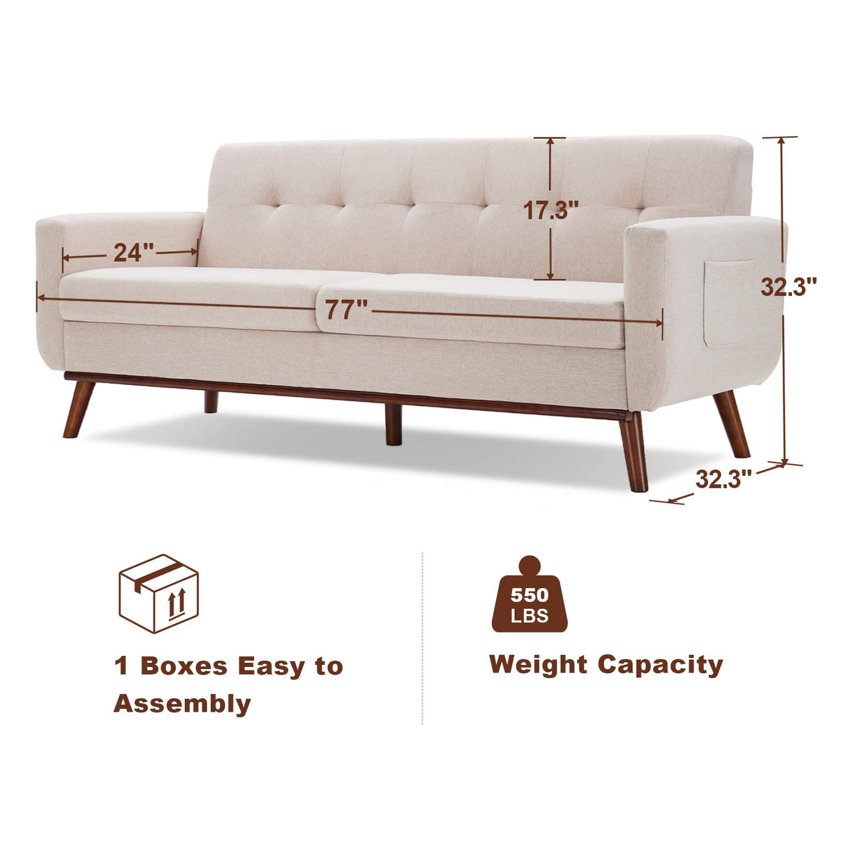 Eiayeebil 77" W Loveseat Sofa Chenille Couch for Living Room,Small Sofa 2 Seater Office Couch for Small Spaces Mid Century Modern, Easy to Install,Beige Eiayeebil