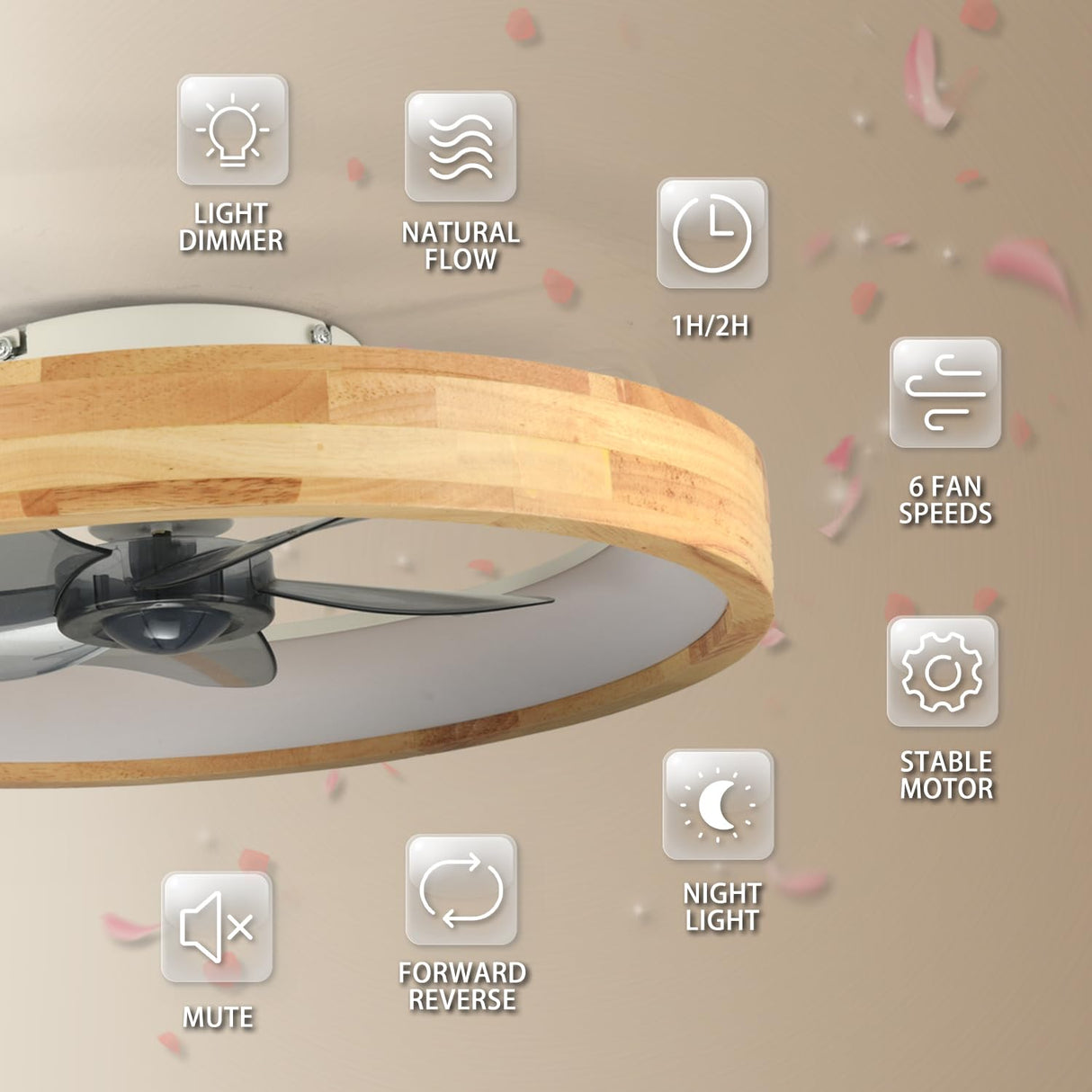 WenineStar 20” Ceiling Fan with Light, Dimmable LED Timing with Remote Control, 5 Invisible Reversible Blades Semi Flush Mount Low Profile Fan, Wood WenineStar