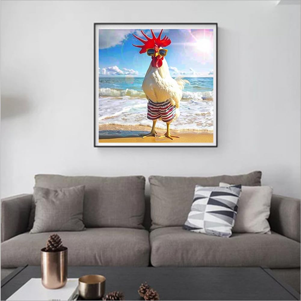 MaiYiYi Cock Diamond Painting by Numbers, 5D Full Round Drill Beach Chicken Diamond Painting Cross Stitch Kit, Funny Chicken Diamond Painting Set for Adult Beginners Wall Art Decor (30X30 CM) MaiYiYi