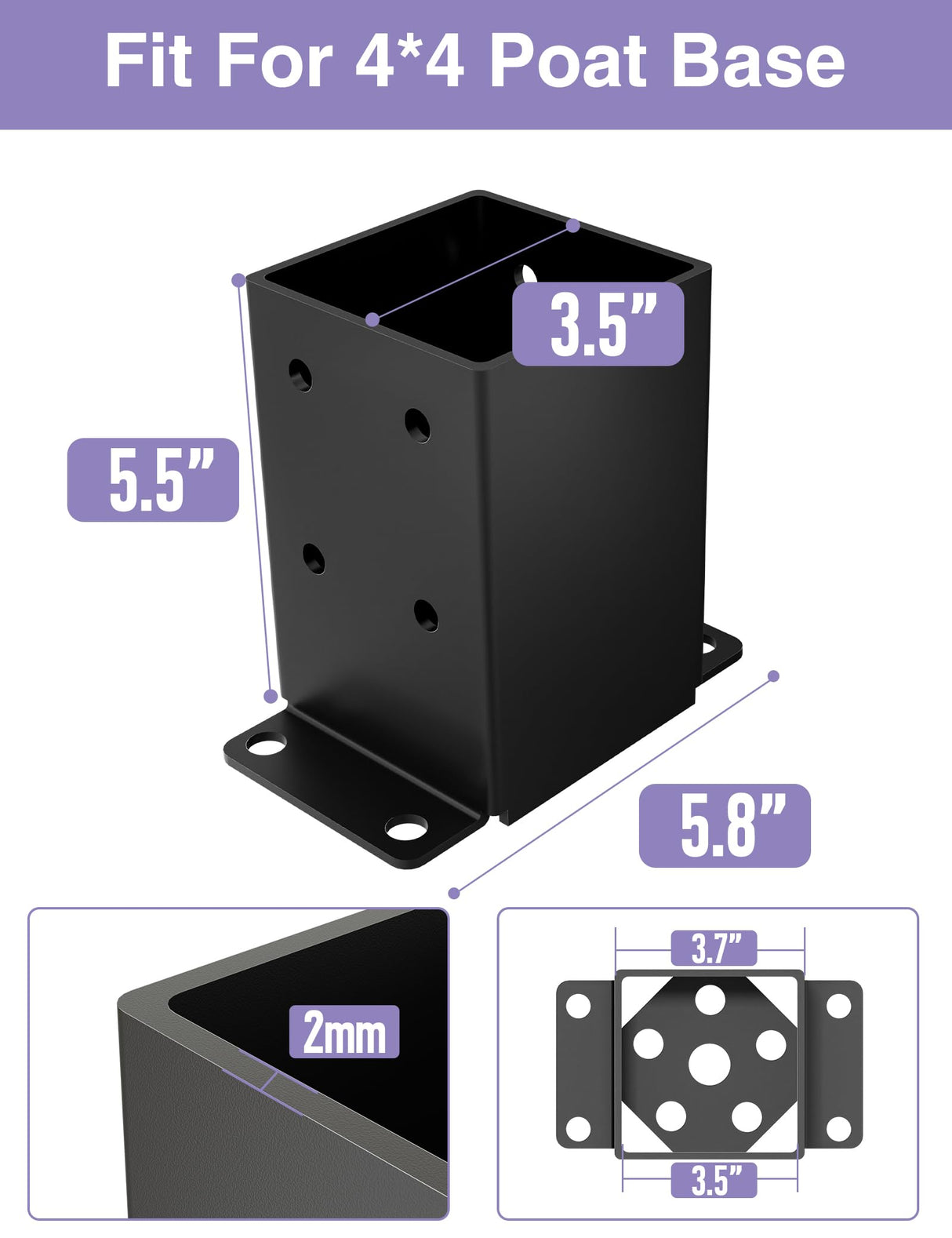 4 PCS Metal 4×4 Post Base, Inner Size 3.5"x3.5" Heavy Duty Post Bracket with Anti-Corrosive Partition, Powder-Coated Post Anchor for Pavilion Deck Railing Support Deck Base Plate PGGP