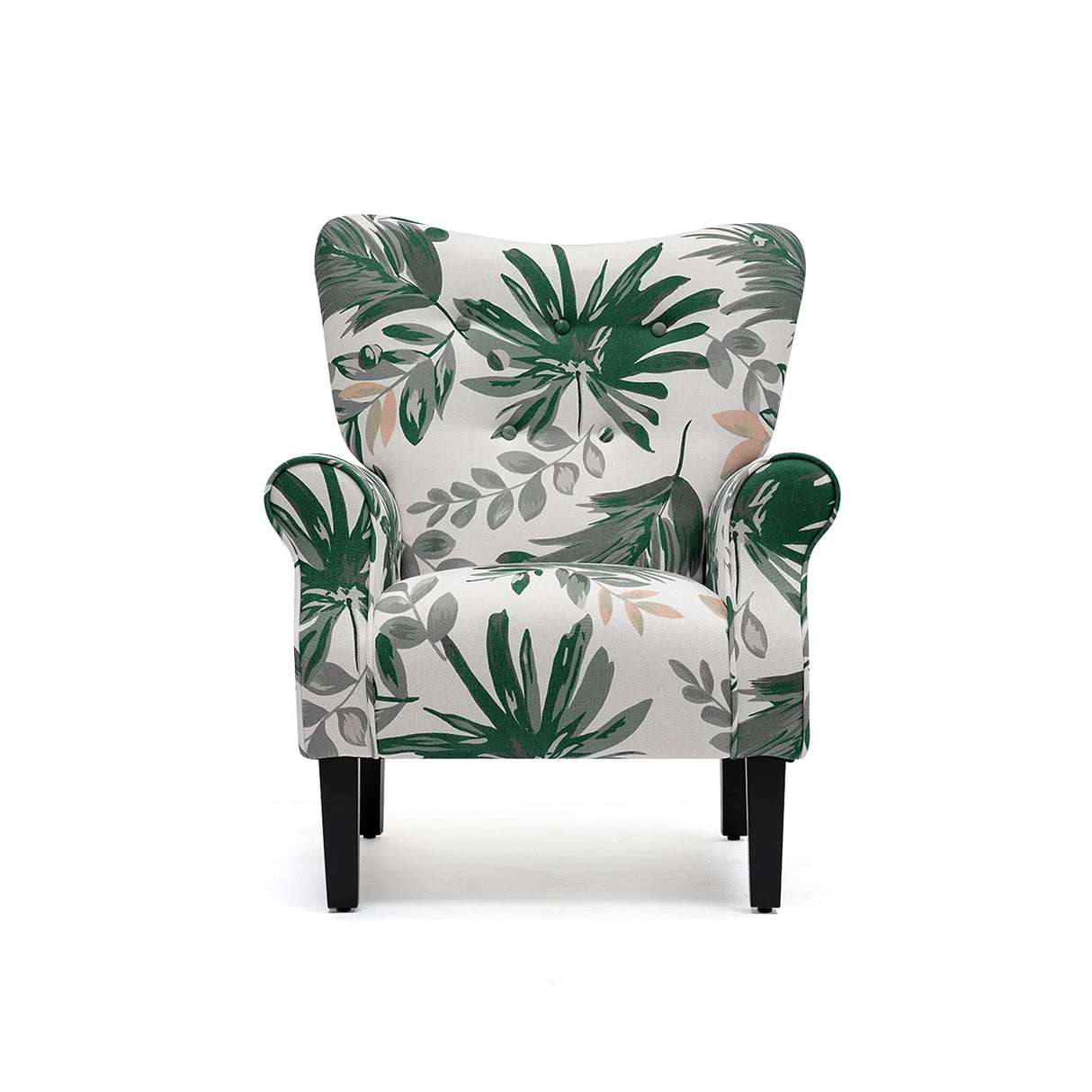 YOLENY Mid Century Wingback Arm Chair,Modern Upholstered Fabric High Back Accent Chair with Wood Legs,Upholstered Single Sofa Club Chair for Living Room, Bedroom, Home Office, Green Leaves YOLENY