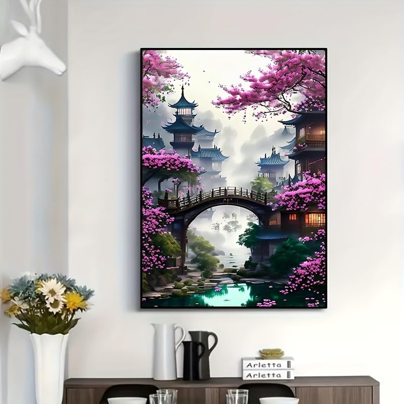Semneroy Bridge Flower Diamond Painting Kits for Adult Beginners,Cherry Blossoms Building Diamond Art Kits,Full Drill Paint with Diamond Dot Gem Art Painting for Home Decor 12x16 inch Semneroy