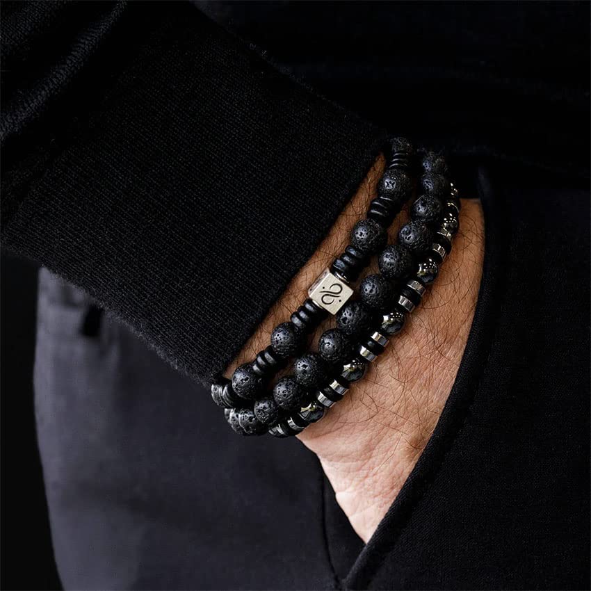 RANKEEF Tiger Eye Bracelet For Men 8MM Natural Stone Beads Bracelet Set Stretch Lava Rock Bracelets Adjustable Black Crystal Beaded Bracelet for Men Women Gifts RANKEEF