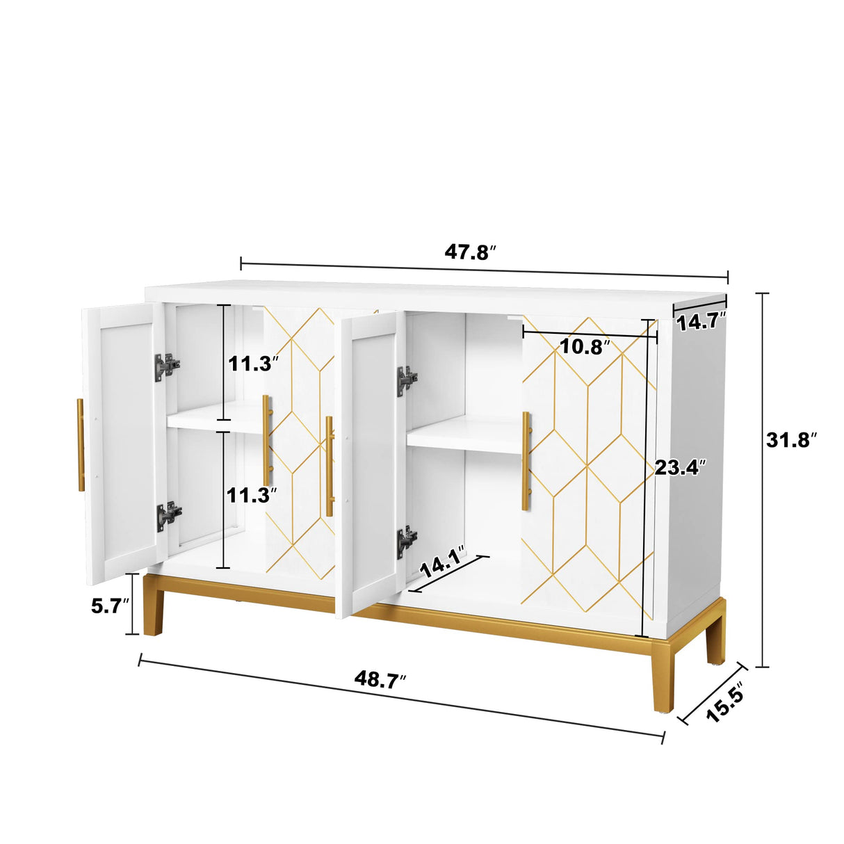 HLR Accent Cabinet with 4 Doors and Shelves, Sideboard Buffet Cabinet with Gold Lines, Modern Credenza Storage Decorative Cabinet for Living Room, Entryway, Kitchen, Dining Room, White HLR