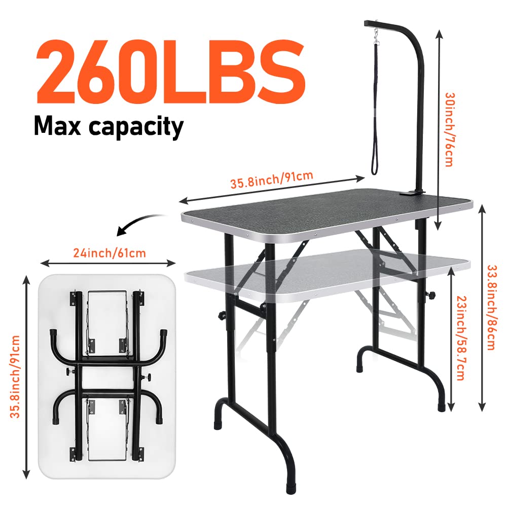 LEIBOU 36-inch Height Adjustable(23''~33.8'') and Foldable Pet Dog Grooming Table with Grooming Arm & Noose for Dog Cat Pet Grooming Maximum Capacity Up to 260lbs LEIBOU
