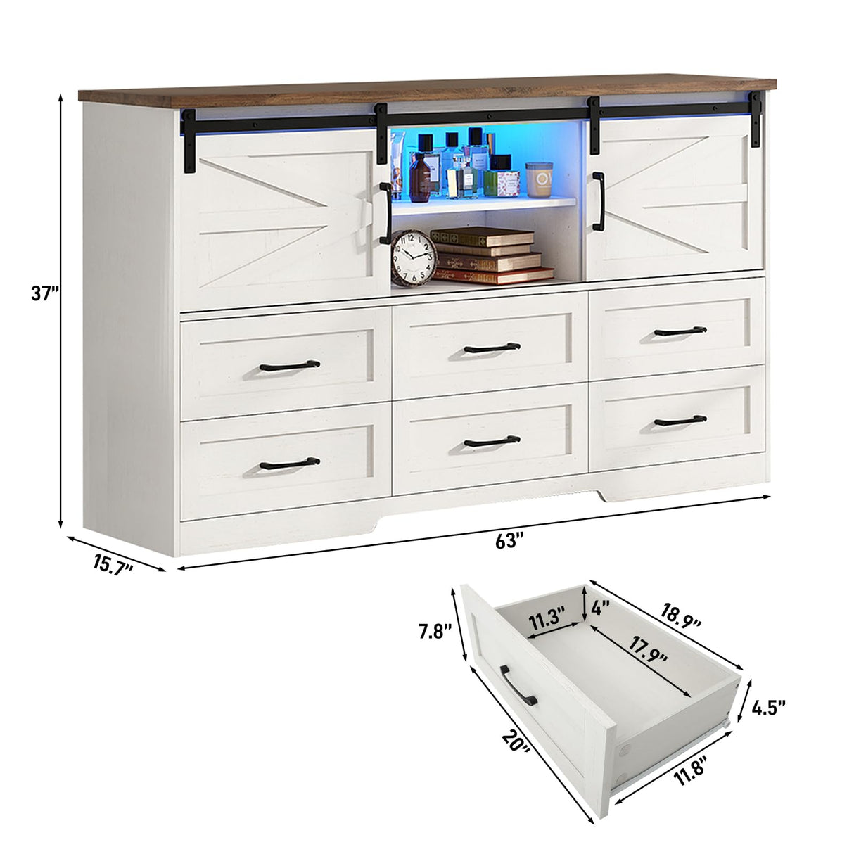 63" Farmhouse Dresser w/6 Drawers,60000-color Led Lights,Outlet, Large Chest of Drawers w/Sliding Barn Doors,Adjust Shelves,White Dresser TV Stand for 65/70in TV for Bedroom, Living Room chartustriable