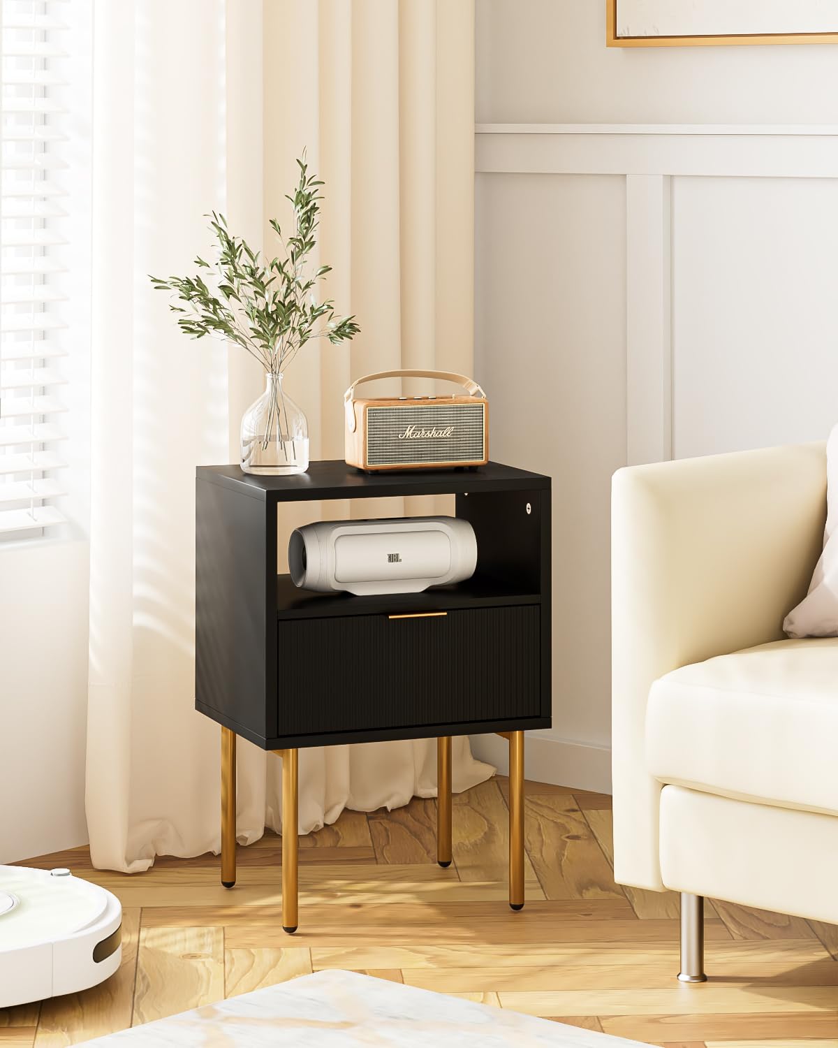 AEPOALUA Nightstand,Small Bedside Table with Gold Frame,Black Night Stand,Bedside Furniture,End Table,Side Table with Drawer and Shelf for Bedroom,Living Room (Modern-Stripe, Black) AEPOALUA