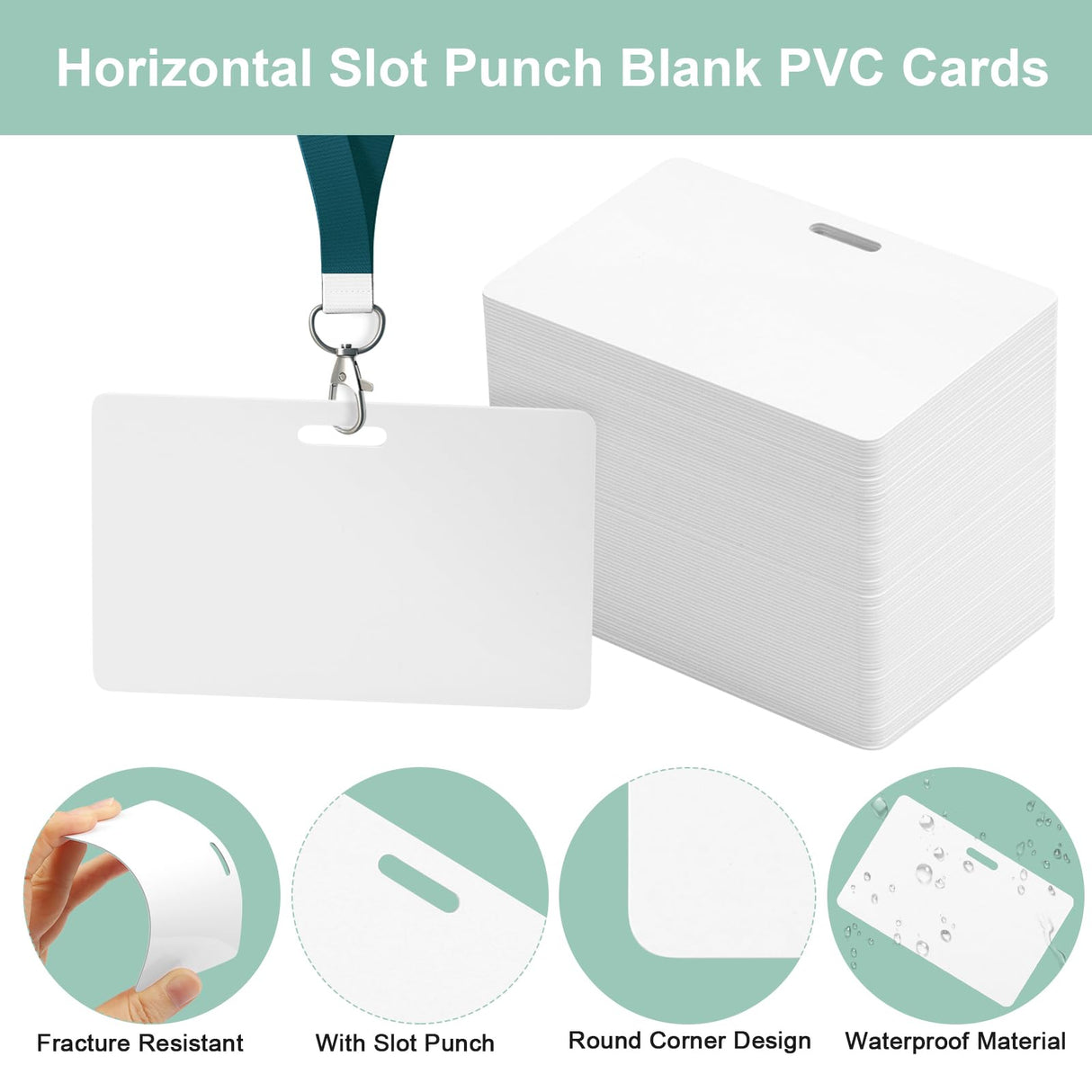 100 Pack Premium Blank PVC Cards with Slot Punch on Long Side - Horizontal Slot Punch Blank ID Cards- CAETOUNG CR80 30 Mil Graphic Quality White Plastic Cards for Photo ID Badge Printers CAETOUNG