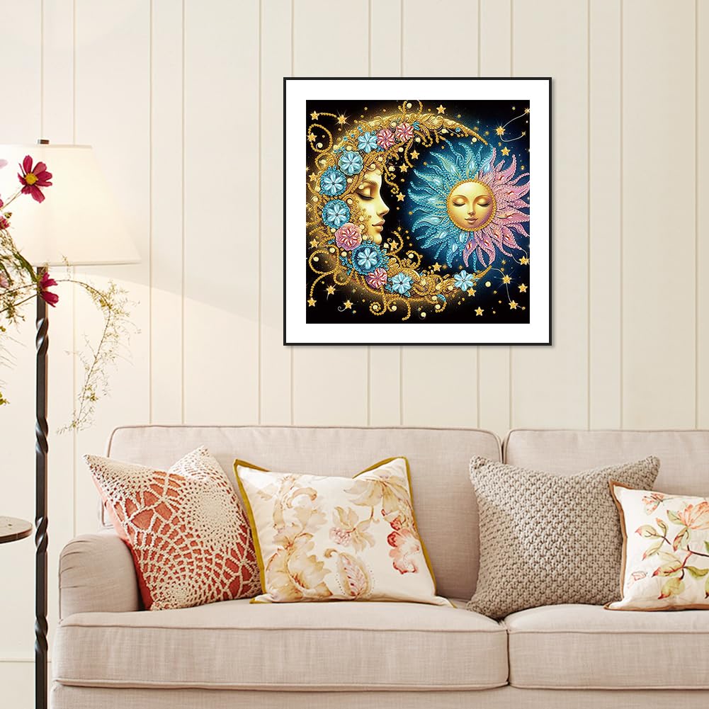 Stalente Diamond Painting Kits for Adults, 5D Special Shape Diamond Art Kits for Beginners, Crystal Rhinestones Diamond Painting for Home Wall Decoration Gift 12×12inch, Sun and Moon Stalente
