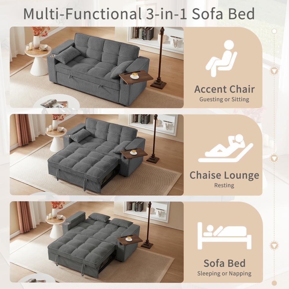 oaaktu Large Size Convertible Sleeper Sofa Bed,Polka dot Velvet Pull Out Futon Couch with Storage handrails & Rotating Side Tables,Convertible Sofa Couch for Living Room,RV (Dark Grey) oaaktu