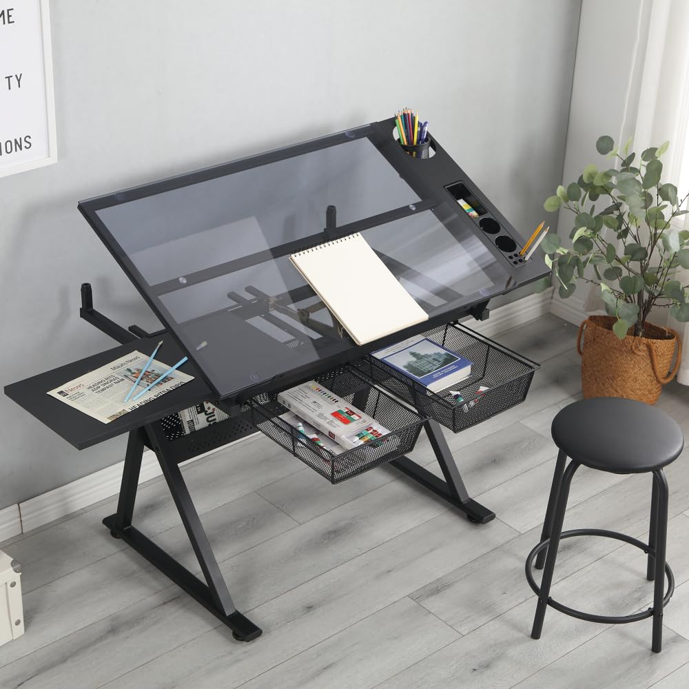 BAOMKONG Drafting Table and Stool Set, Tempered Black Glass Drawing Table with Adjustable Tabletop and Height Art Table for Artist Painters Home Office BAOMKONG