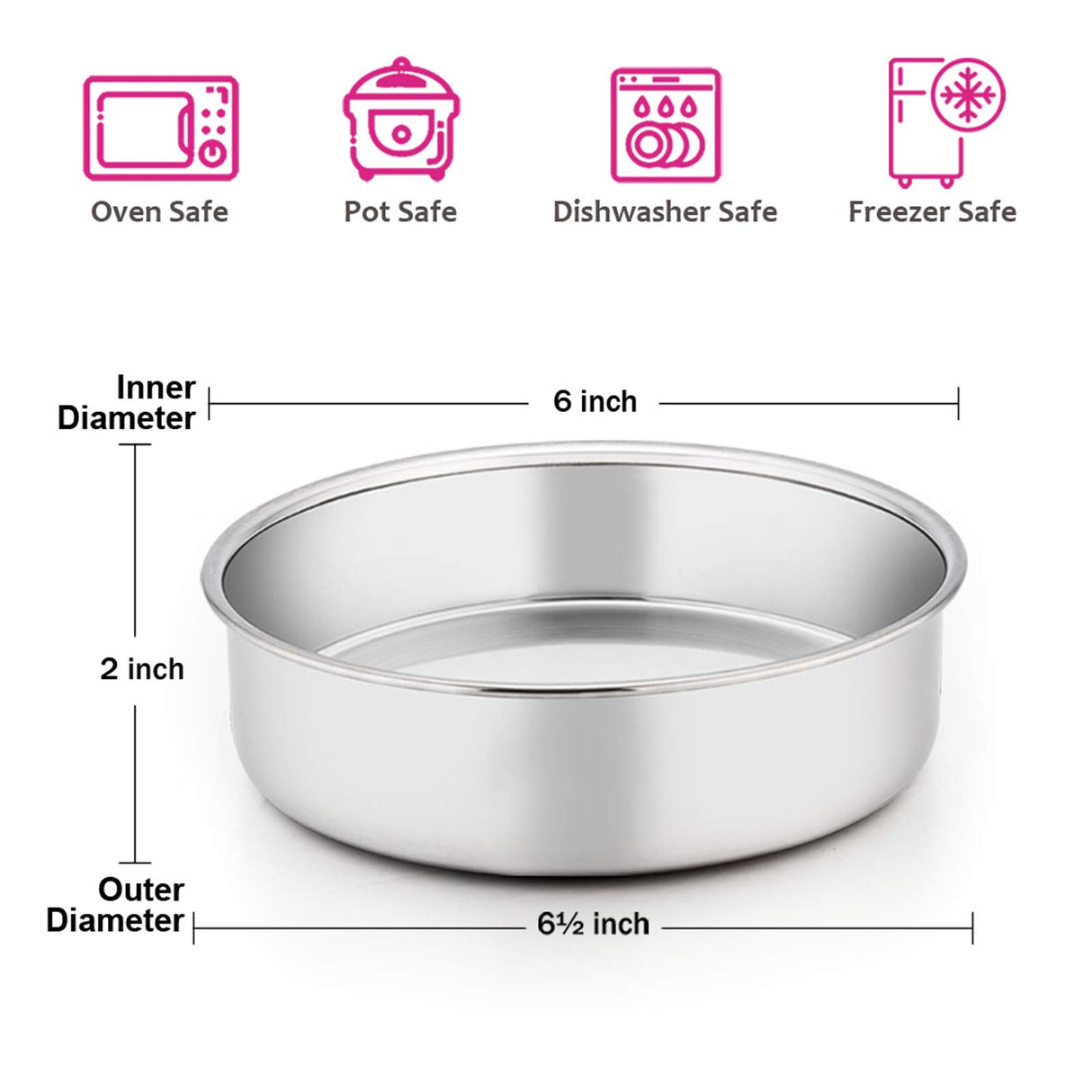 E-far 6 Inch Cake Pan Set of 3, Stainless Steel Round Smash Cake Baking Pans Tins, Non-Toxic & Healthy, Mirror Finish & Dishwasher Safe E-far
