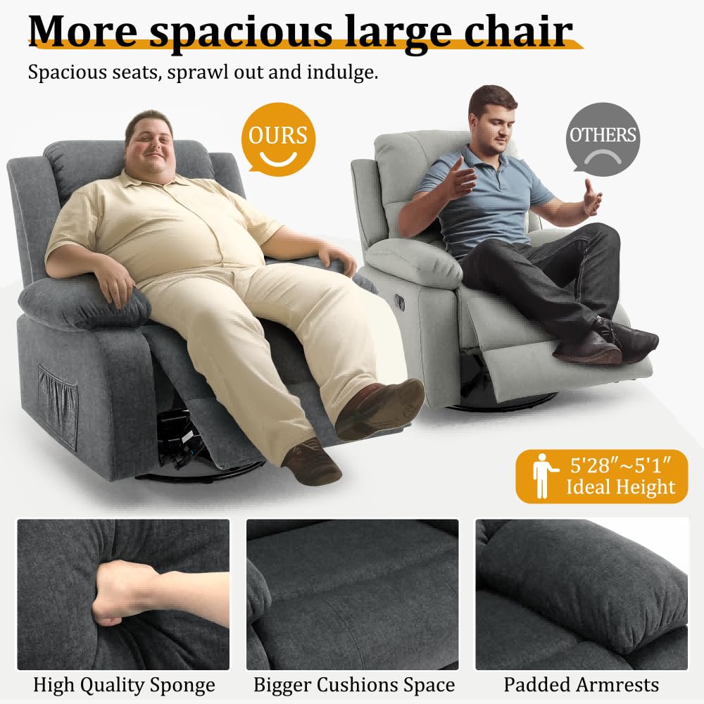 Korser Recliner Chair, Wide Rocker Chair, Rocking Chair with Massage and Heat,360°Swivel Nursery Rocking Chairs, Oversized Recliner for Adults, Cashmere Reclining Sofa for Living Room, Grey Korser