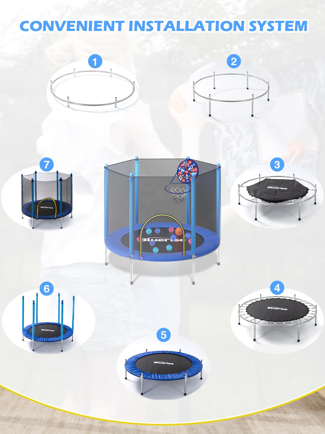 BLUERISE 55IN Toddler Trampoline for Kids Indoor Play for Kids Basketball Hoop Attachment with Enclosure Net Easy to Assemble Recreational Trampoline BLUERISE