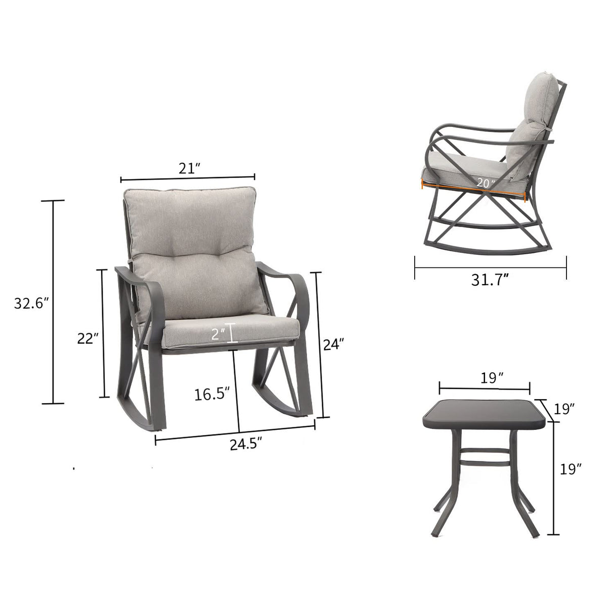 COSIEST 3 Piece Bistro Set Patio Rocking Chairs Outdoor Furniture w Warm Gray Cushions, Glass-Top Table for Garden, Pool, Backyard COSIEST