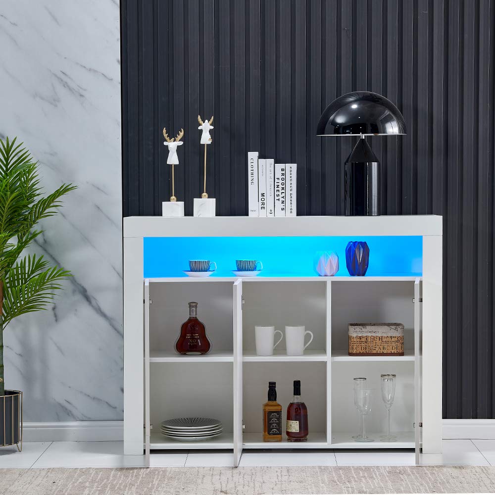 HomeSailing LED Kitchen Sideboard Storage Buffet Cabinet White High Gloss for Living Room, Modern Wooden Unit Cupboard TV Stand with 3 Doors for Hallway Dining Room HomeSailing