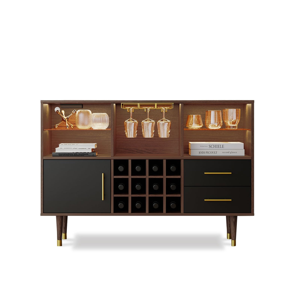 Svimi Bar Cabinet, 47 inch Walnut - Modern Cabinet with LED Light Charging Station, Buffet Table, Coffee Bar & Storage for Home Bar Svimi