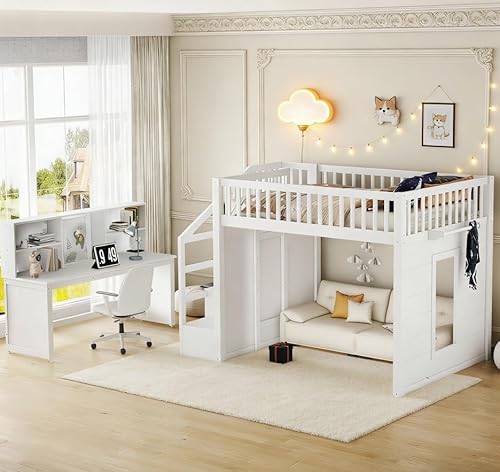 Bellemave Full Loft Bed with Stairs and Movable Desk and Shelves, Wood Loft Bed with Storage Stairs for Kids, Teens, Adults, White Bellemave