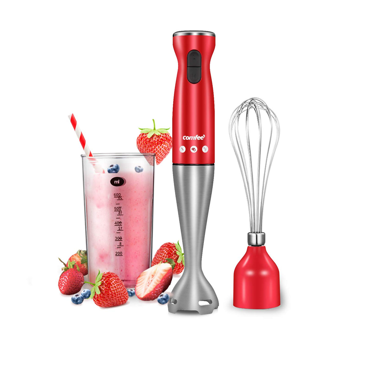 COMFEE' Immersion Hand Blender, Brushed Stainless Steel, 2-Speed, Multipurpose Stick Blender with 200 Watts, 600ml Mixing Beaker and Whisk, Perfect for Baby Food, Smoothies, Sauces and Soups, Red COMFEE'