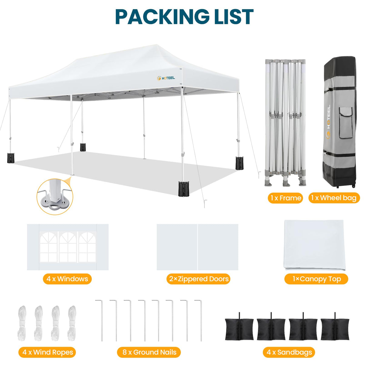 Hoteel Canopy 10x20 Heavy Duty Pop Up Canopy Tent with 6 Sidewalls,UPF50+ and Waterproof 1500mm,3 Height Adjustable,Upgraded Hexagonal Pipe,Commercial Instant Tent,for Picnic,Parties,Wedding,White Hoteel