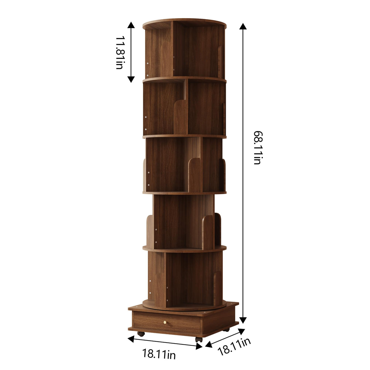 RNE Walnut 6-Tier 360 Rotating Solid Wood Bookshelf Tower with Drawers and Wheels RNE
