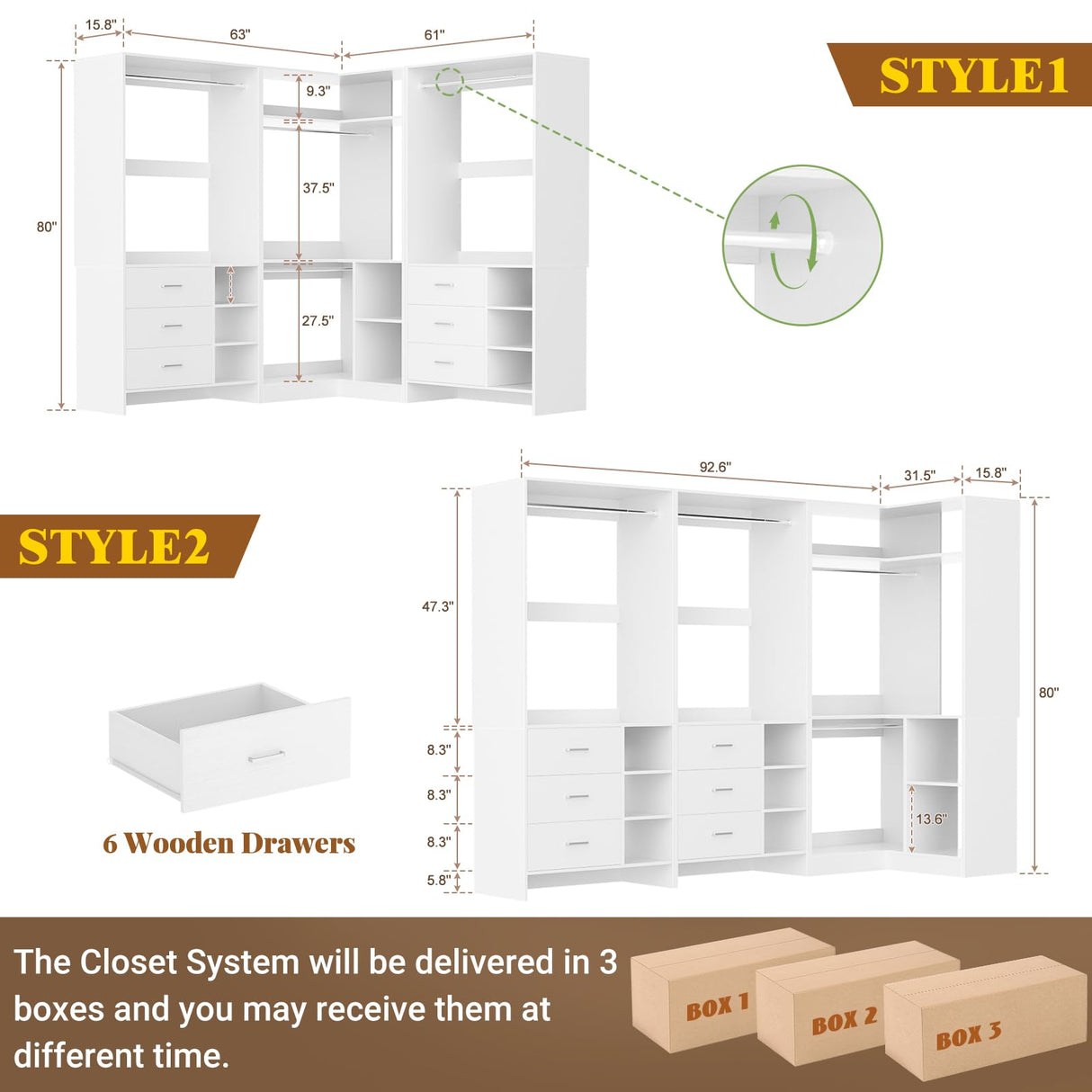 Aheaplus Closet System with 6 Drawers, 4 Hanging Rods & Corner Tower, Corner Closet System with Hanging, 92.6" L-Shaped Walk-In Wardrobe Organizer, 2000+ lbs Capacity, Set of 3, White Aheaplus