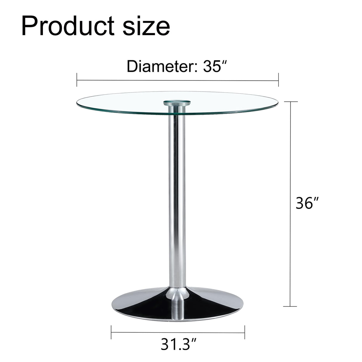 LUFTUT Round Glass Bar Height Table,35" Round Counter Height Table with Tempered Glass Tabletop,Sturdy Silver Chrome Pole Support,Clear Round Pub Tables for Small Space,Kitchen,Bistro(36" H LUFTUT